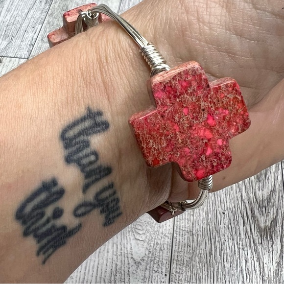 Artisan Stone Gem Bangle Wrist Bracelet Silver Toned Metal Wire Wrapped Handmade - Picture 7 of 10